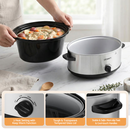 Devanti 6.5L Slow Cooker 3 Heat Settings Dishwasher-Safe Stoneware Keep Warm Silver