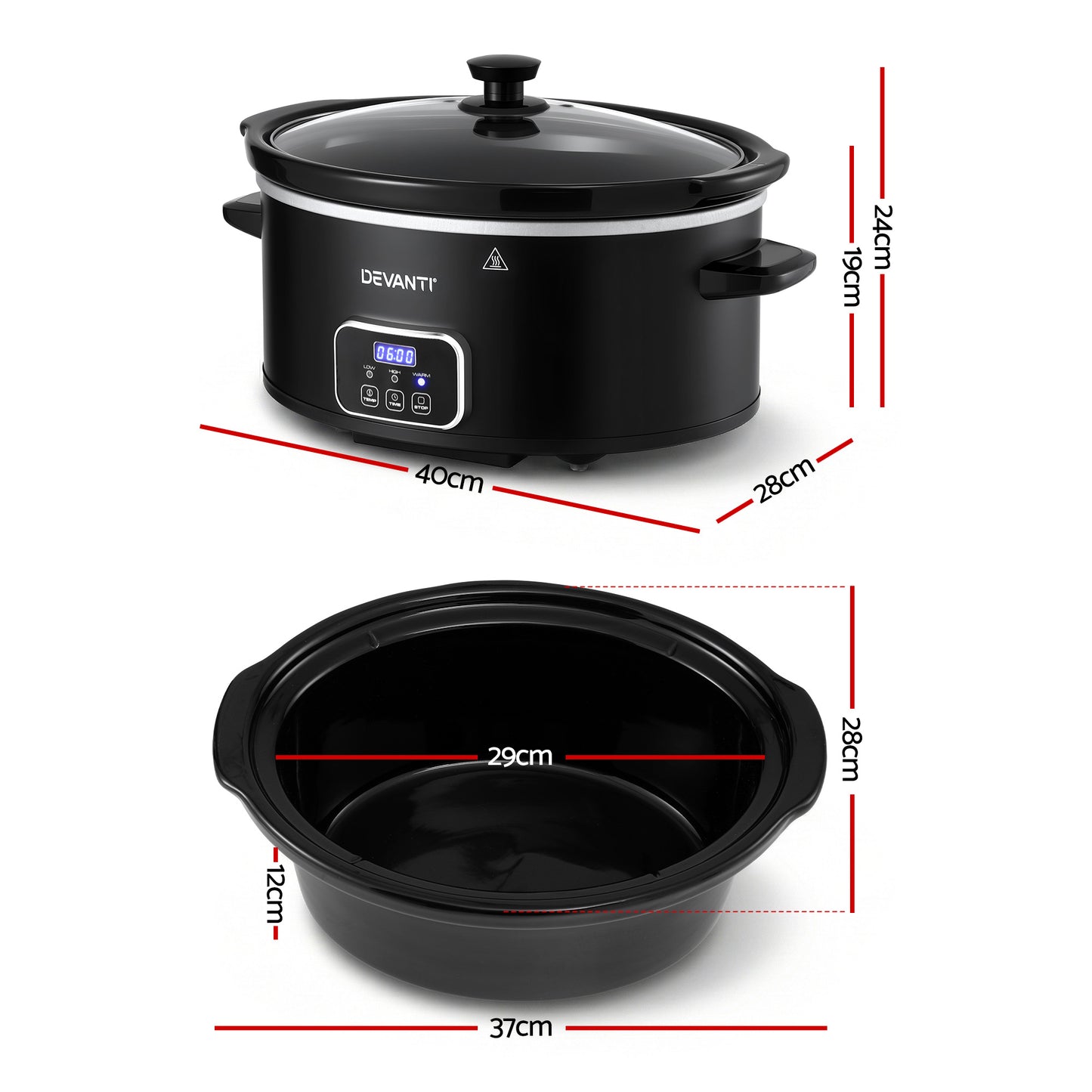 Devanti 5.6L Slow Cooker 3 Heat Settings Dishwasher-Safe Stoneware Keep Warm Black