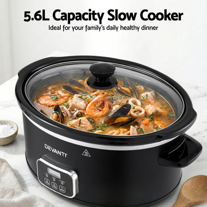 Devanti 5.6L Slow Cooker 3 Heat Settings Dishwasher-Safe Stoneware Keep Warm Black