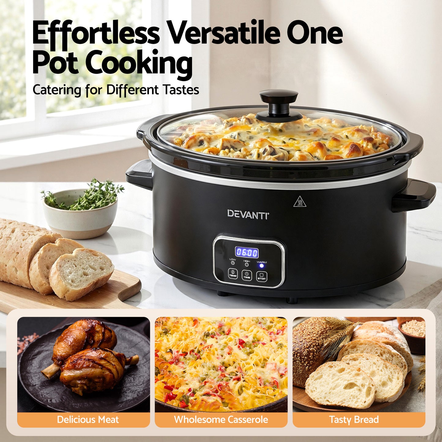 Devanti 5.6L Slow Cooker 3 Heat Settings Dishwasher-Safe Stoneware Keep Warm Black