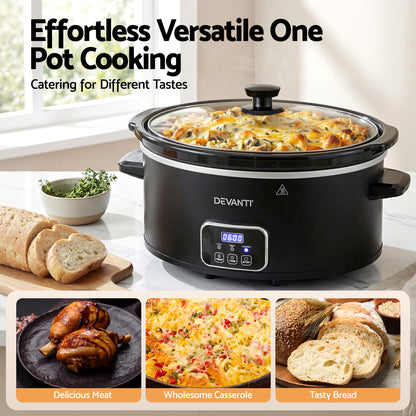 Devanti 5.6L Slow Cooker 3 Heat Settings Dishwasher-Safe Stoneware Keep Warm Black