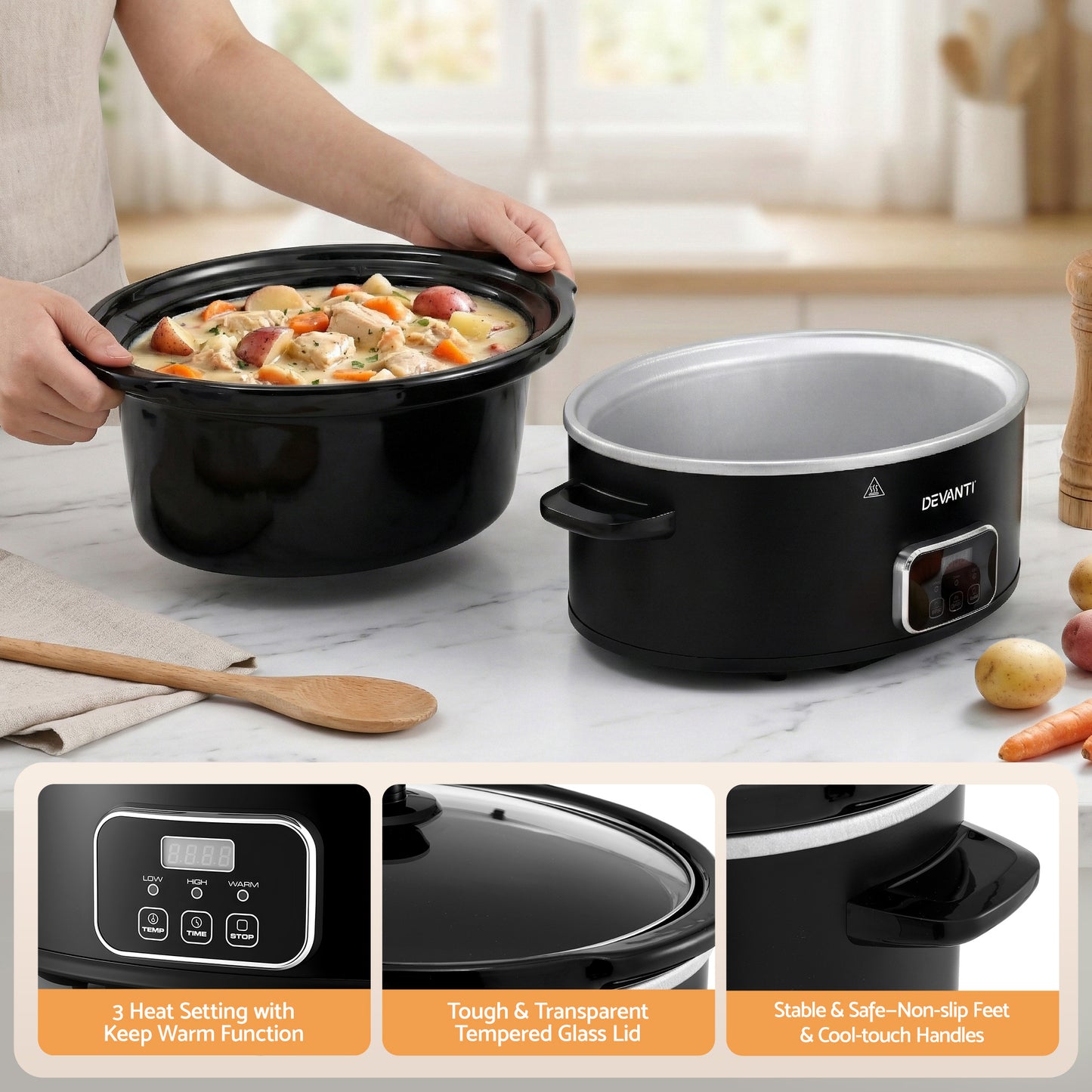 Devanti 5.6L Slow Cooker 3 Heat Settings Dishwasher-Safe Stoneware Keep Warm Black
