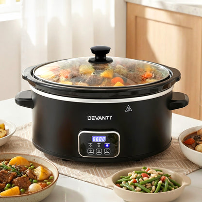Devanti 5.6L Slow Cooker 3 Heat Settings Dishwasher-Safe Stoneware Keep Warm Black