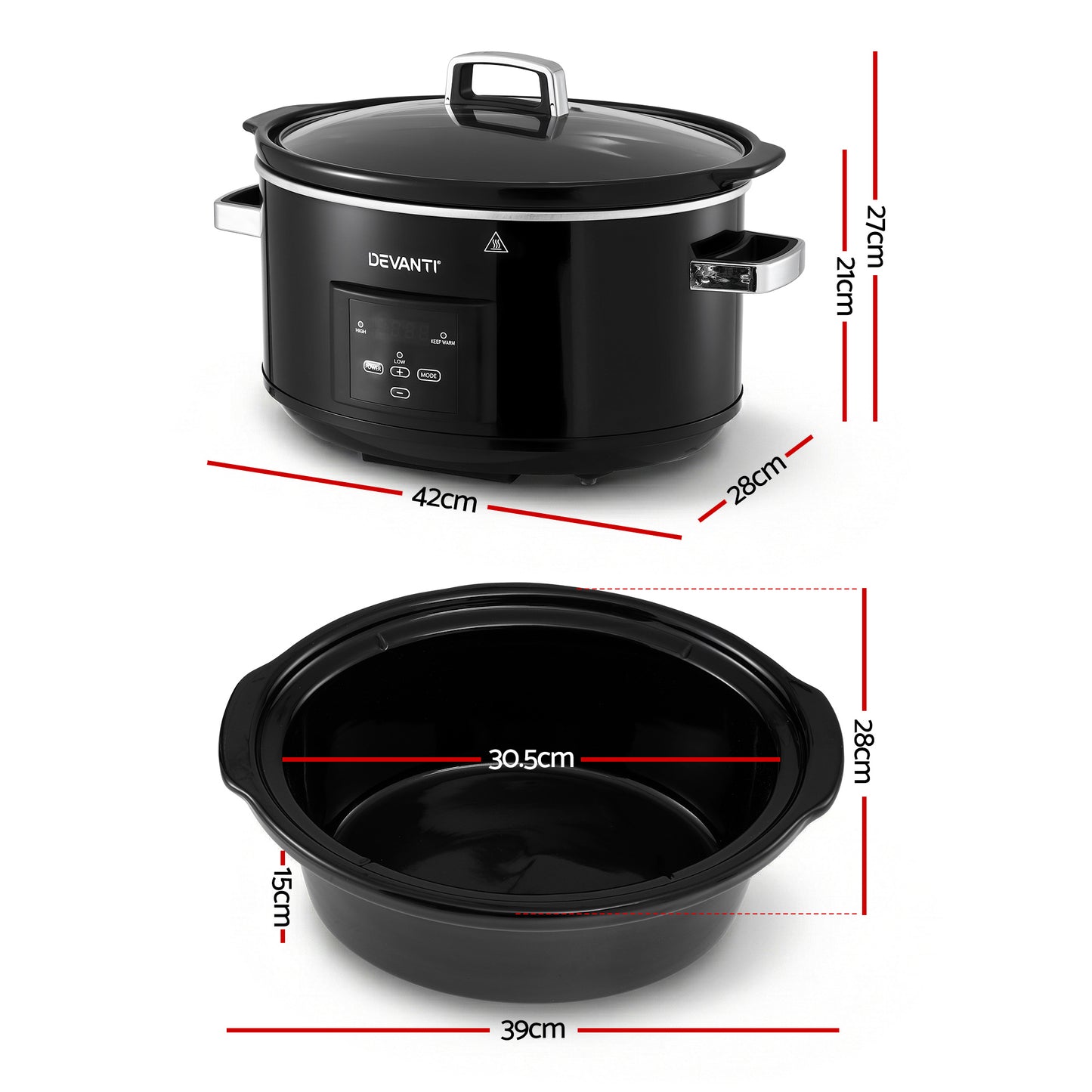 Devanti 8L Slow Cooker Digital Programmable 3 Heat Settings 20H Timer Dishwasher-Safe Stoneware Black