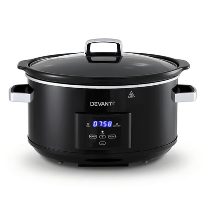Devanti 8L Slow Cooker Digital Programmable 3 Heat Settings 20H Timer Dishwasher-Safe Stoneware Black