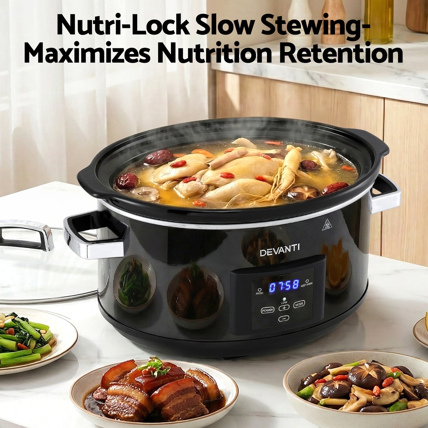 Devanti 8L Slow Cooker Digital Programmable 3 Heat Settings 20H Timer Dishwasher-Safe Stoneware Black