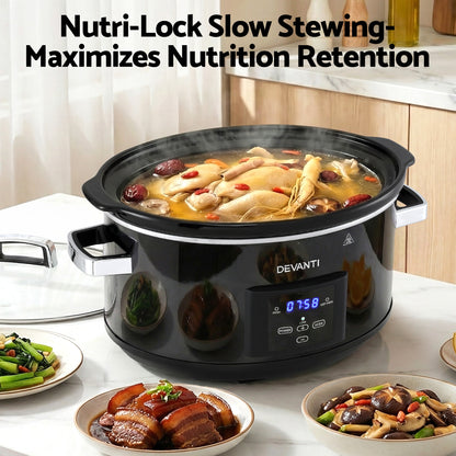 Devanti 8L Slow Cooker Digital Programmable 3 Heat Settings 20H Timer Dishwasher-Safe Stoneware Black
