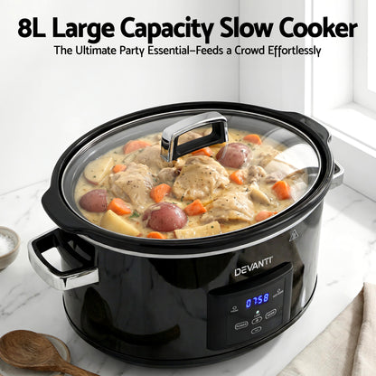 Devanti 8L Slow Cooker Digital Programmable 3 Heat Settings 20H Timer Dishwasher-Safe Stoneware Black