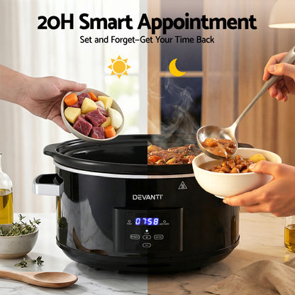 Devanti 8L Slow Cooker Digital Programmable 3 Heat Settings 20H Timer Dishwasher-Safe Stoneware Black