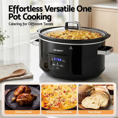 Devanti 8L Slow Cooker Digital Programmable 3 Heat Settings 20H Timer Dishwasher-Safe Stoneware Black