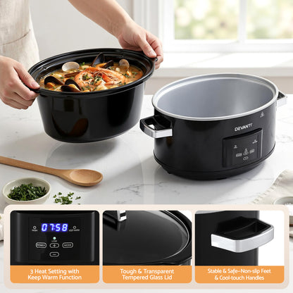 Devanti 8L Slow Cooker Digital Programmable 3 Heat Settings 20H Timer Dishwasher-Safe Stoneware Black