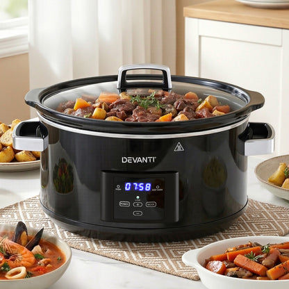 Devanti 8L Slow Cooker Digital Programmable 3 Heat Settings 20H Timer Dishwasher-Safe Stoneware Black