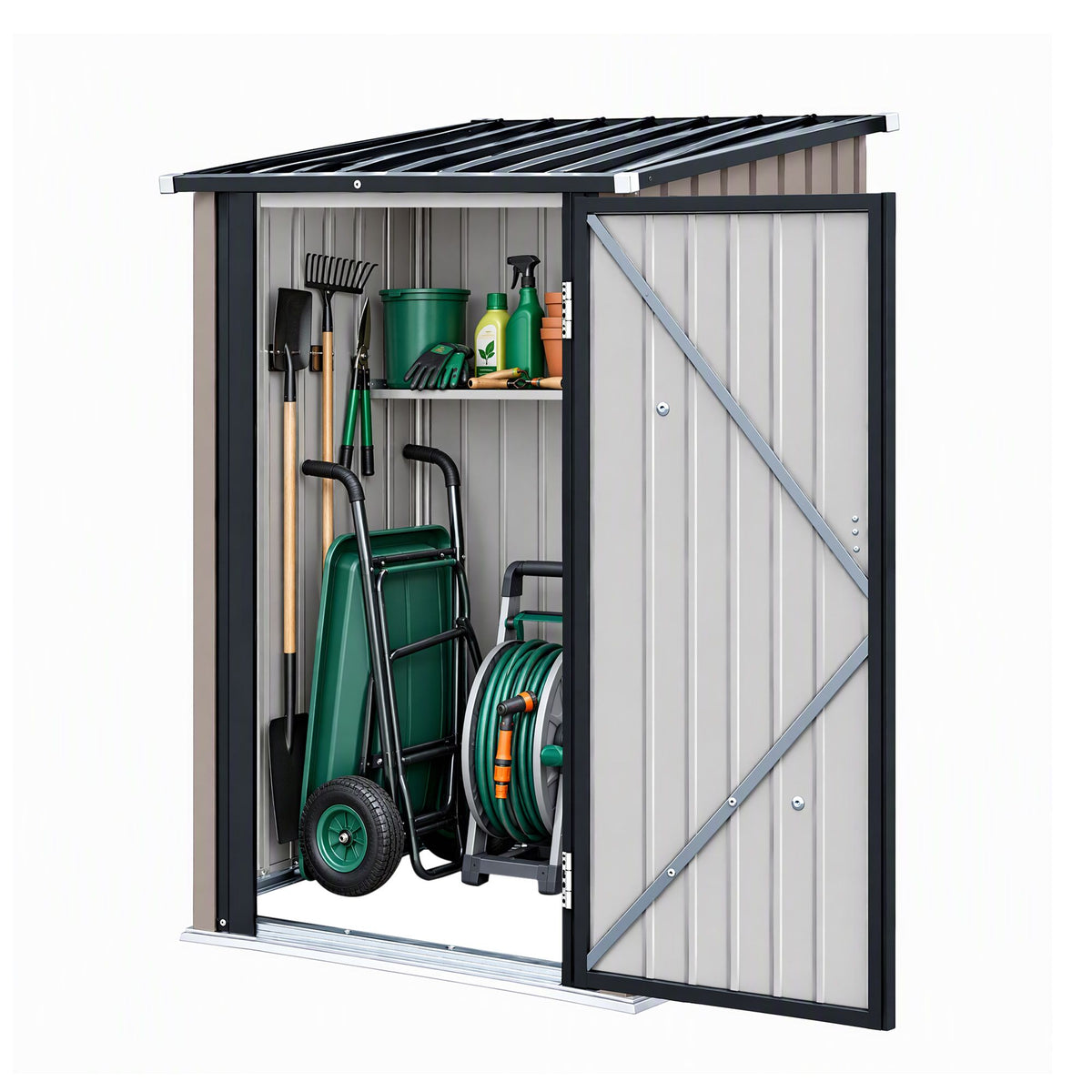 Giantz metal garden shed with sloped roof to help rainwater run off