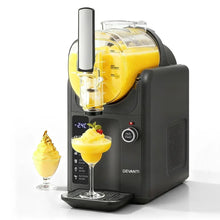 Black slushie and soft serve ice cream machine with yellow frozen dessert in glasses