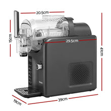 Electric ice cream maker in grey with labeled dimensions, side view