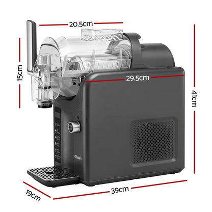 Electric ice cream maker in grey with labeled dimensions, side view