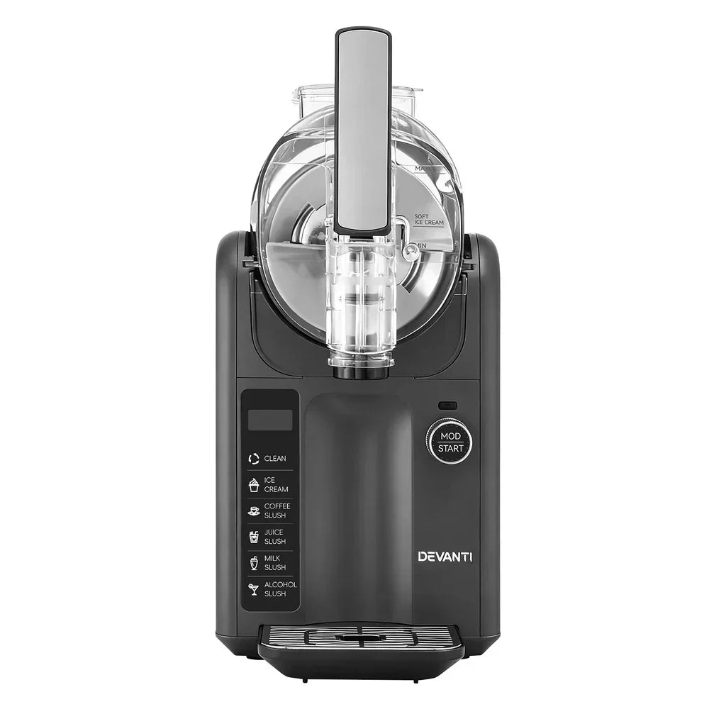 Black countertop ice cream and slushie maker with digital controls and dispenser.