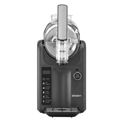 Black countertop ice cream and slushie maker with digital controls and dispenser.