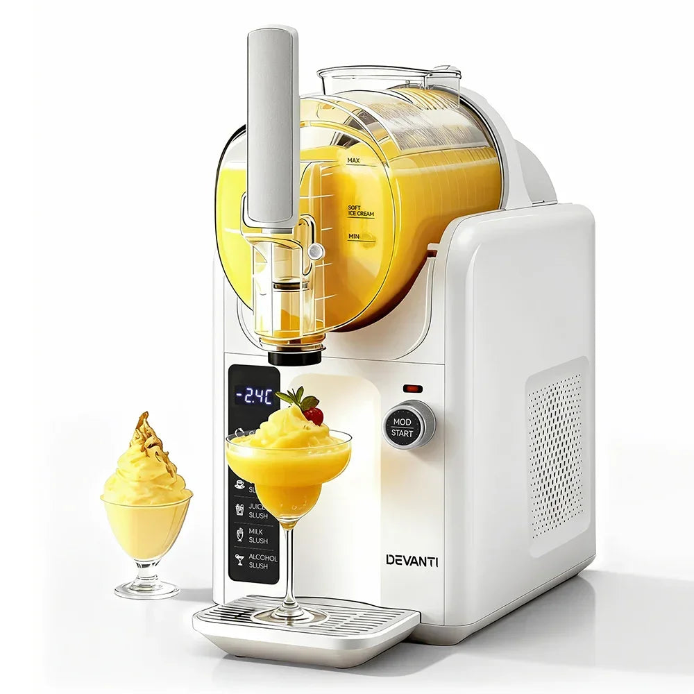 White soft serve ice cream machine with frozen dessert in glass cups, modern kitchen appliance.