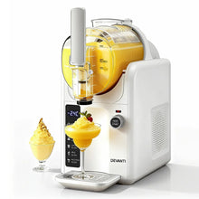White soft serve ice cream machine with frozen dessert in glass cups, modern kitchen appliance.