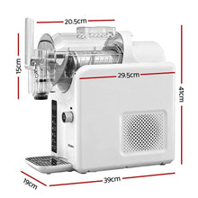 White kitchen appliance with clear attachments, labeled dimensions, countertop pasta maker