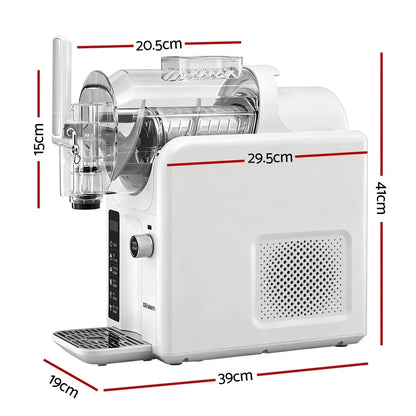 White kitchen appliance with clear attachments, labeled dimensions, countertop pasta maker