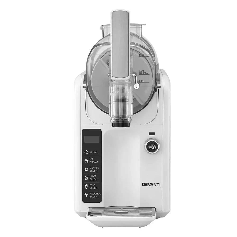 White ice cream and slushie maker with control panel and dispenser, front view