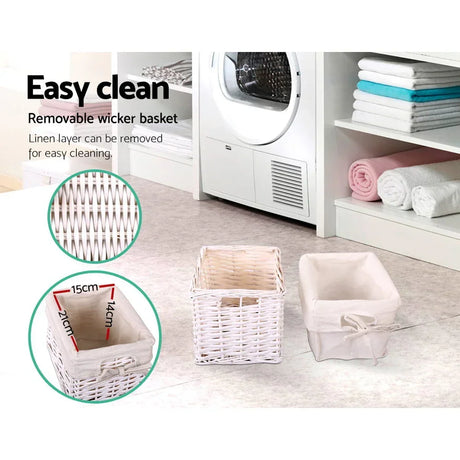 White wicker storage basket with removable linen liner in laundry room setting