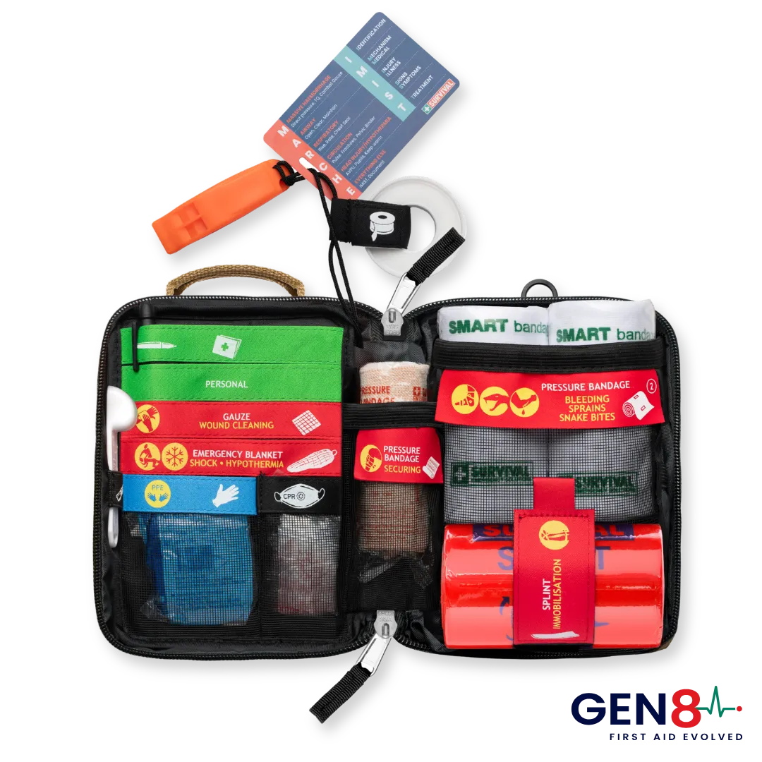 Gen 8 snake bite kit colour-coded red trauma section with 2 SMART Bandages and a splint