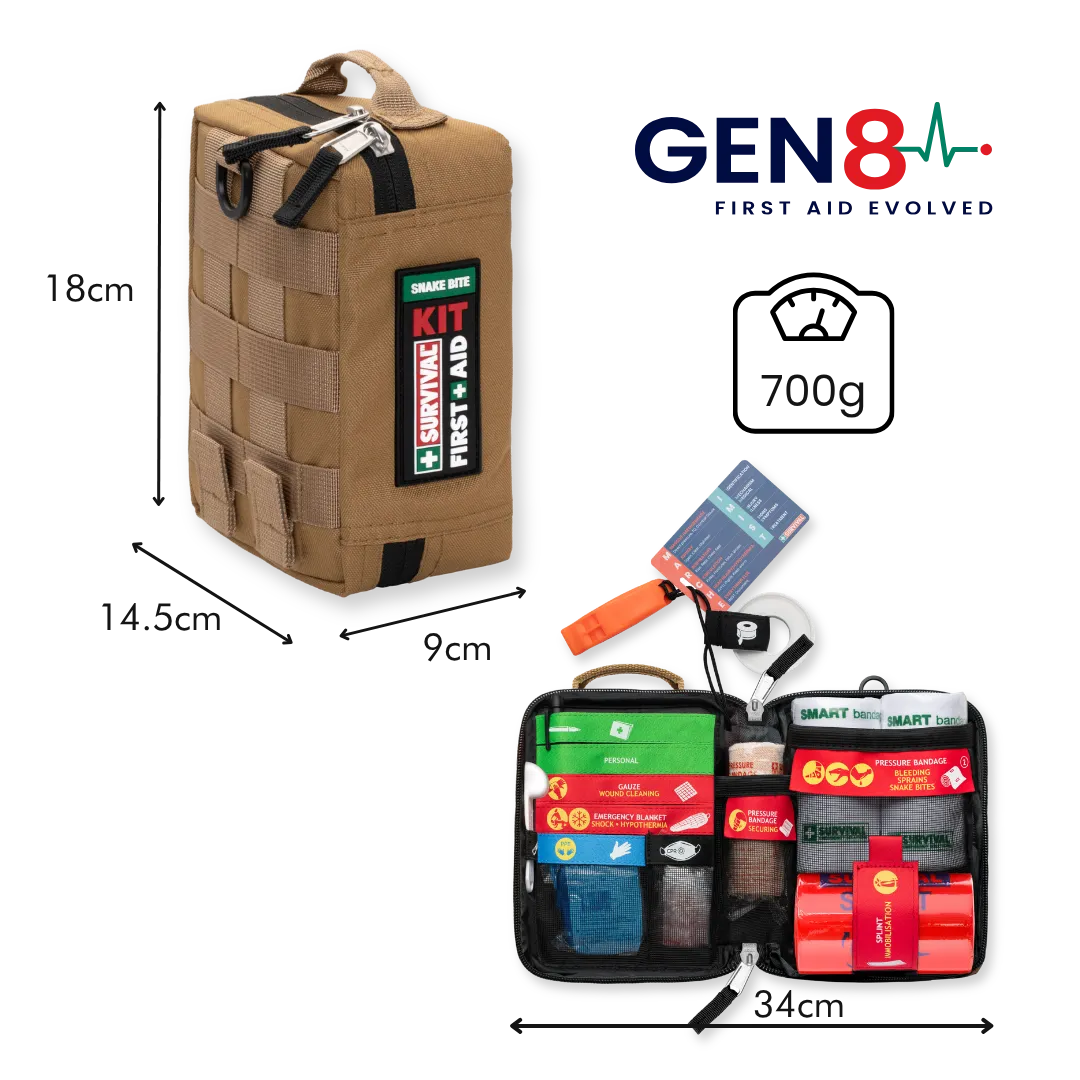 Gen 8 first aid kit with colour-coded sections and pictorial labels on every item