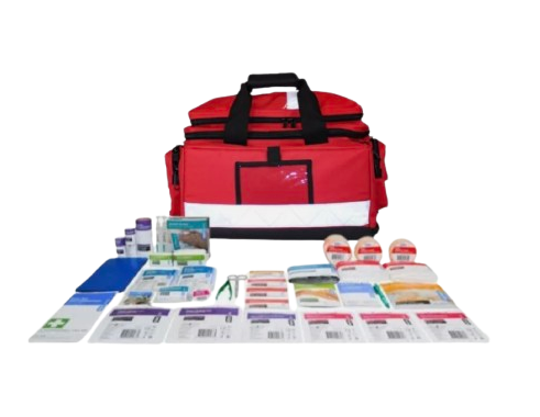 Premium Sports First Aid Bag with 199 pieces in a large red first responder bag