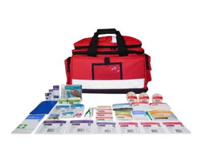 Premium Sports First Aid Bag with 199 pieces in a large red first responder bag