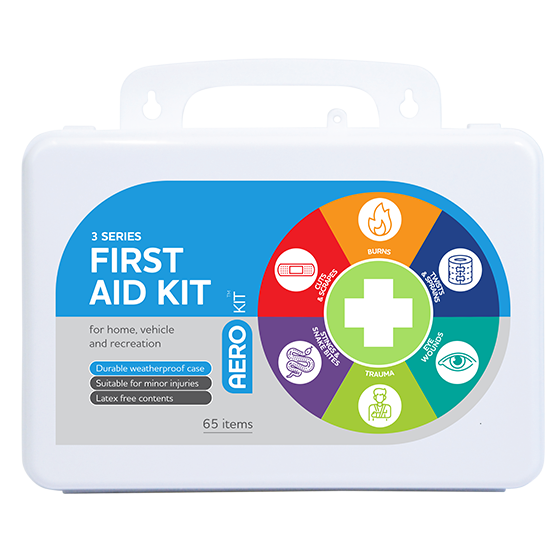 AeroKit 3 Series Plastic Waterproof First Aid Kit in a hard plastic case, 25 x 8 x 17cm