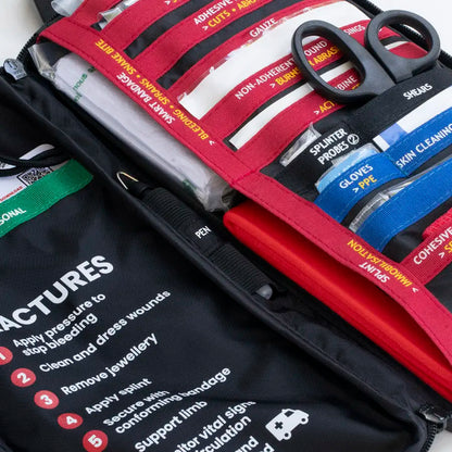 First aid kit with MOLLE compatibility, protective zip covers, shoulder straps and mesh panels