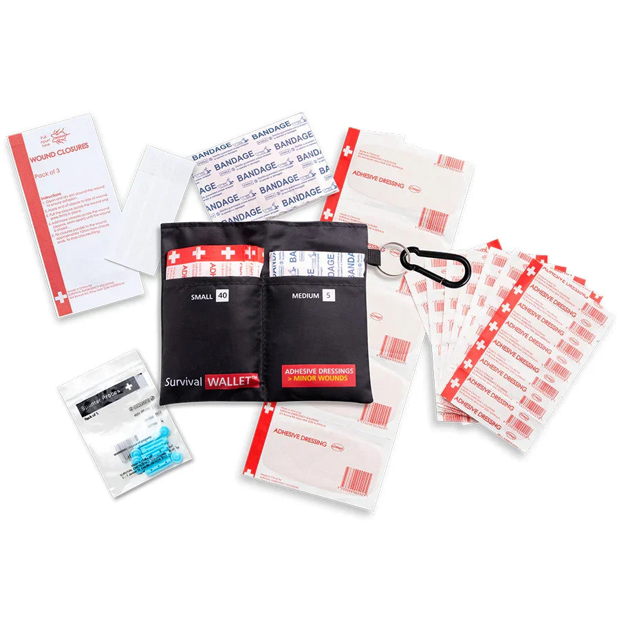 SURVIVAL First Aid Wallet, a grab and go module with carabiner to clip onto keys, bags or prams