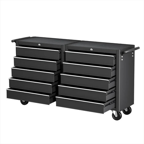 Black heavy-duty rolling tool chest with multiple open drawers and side handle