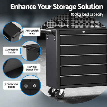 Black 6-drawer tool storage cabinet with wheels, strong handle, anti-scratch mats, non-slip liners, 100kg load capacity