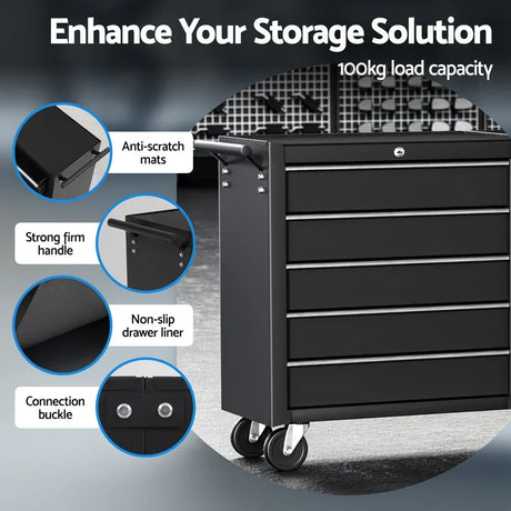 Black 6-drawer tool storage cabinet with wheels, strong handle, anti-scratch mats, non-slip liners, 100kg load capacity