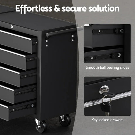 Black rolling tool cabinet with four drawers, smooth ball bearing slides, and key-locked drawers