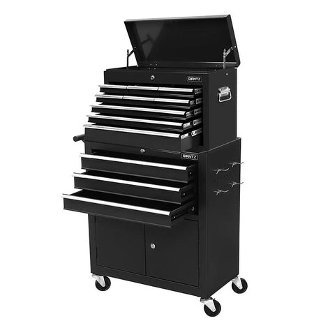 Black metal rolling tool chest with multiple drawers and top lid open, branded Grantz