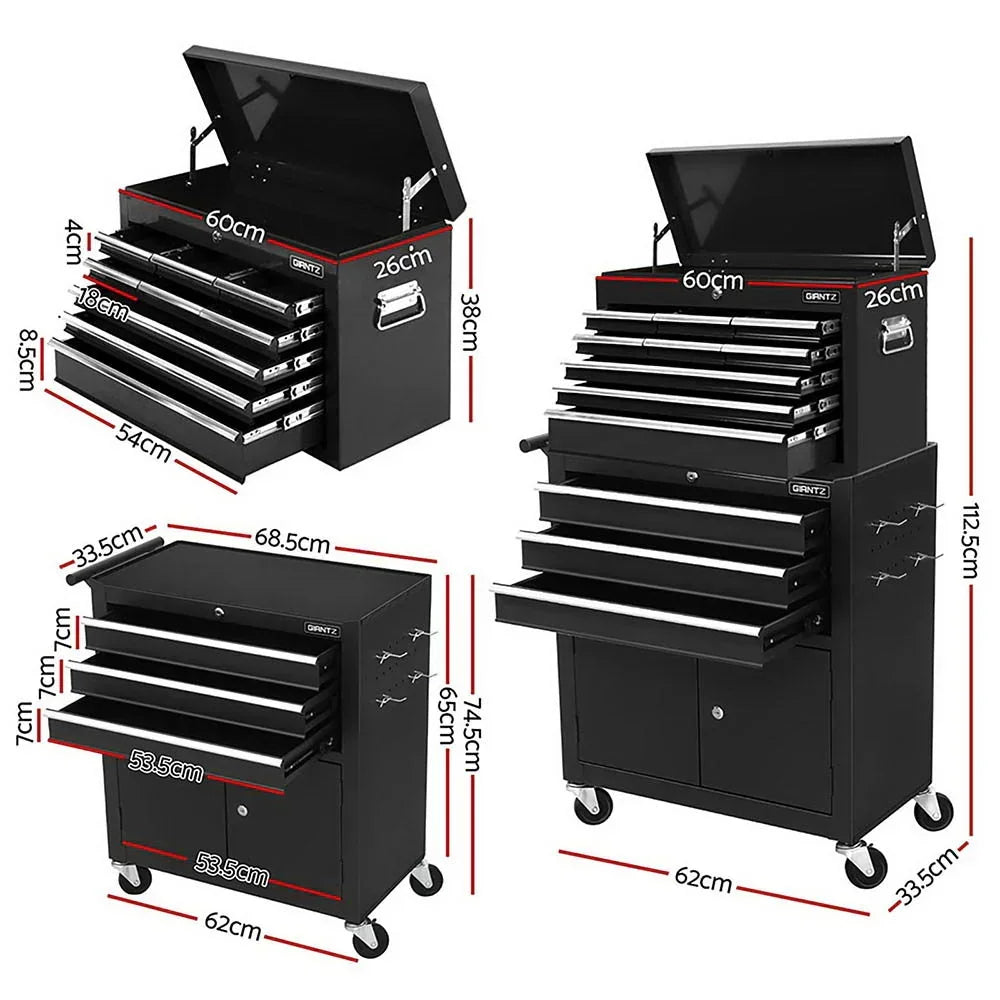 Black multi-drawer metal tool chest and rolling cabinet with dimensions labeled