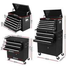 Black multi-drawer metal tool chest and rolling cabinet with dimensions labeled
