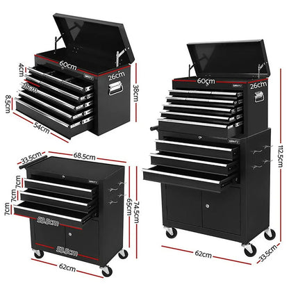 Black multi-drawer metal tool chest and rolling cabinet with dimensions labeled