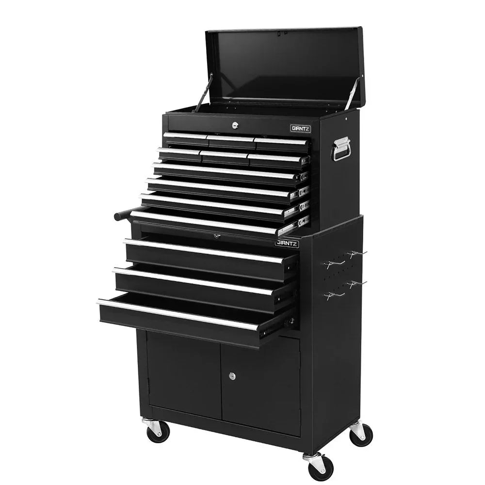 Black metal rolling tool chest with multiple open drawers and side hooks on white background