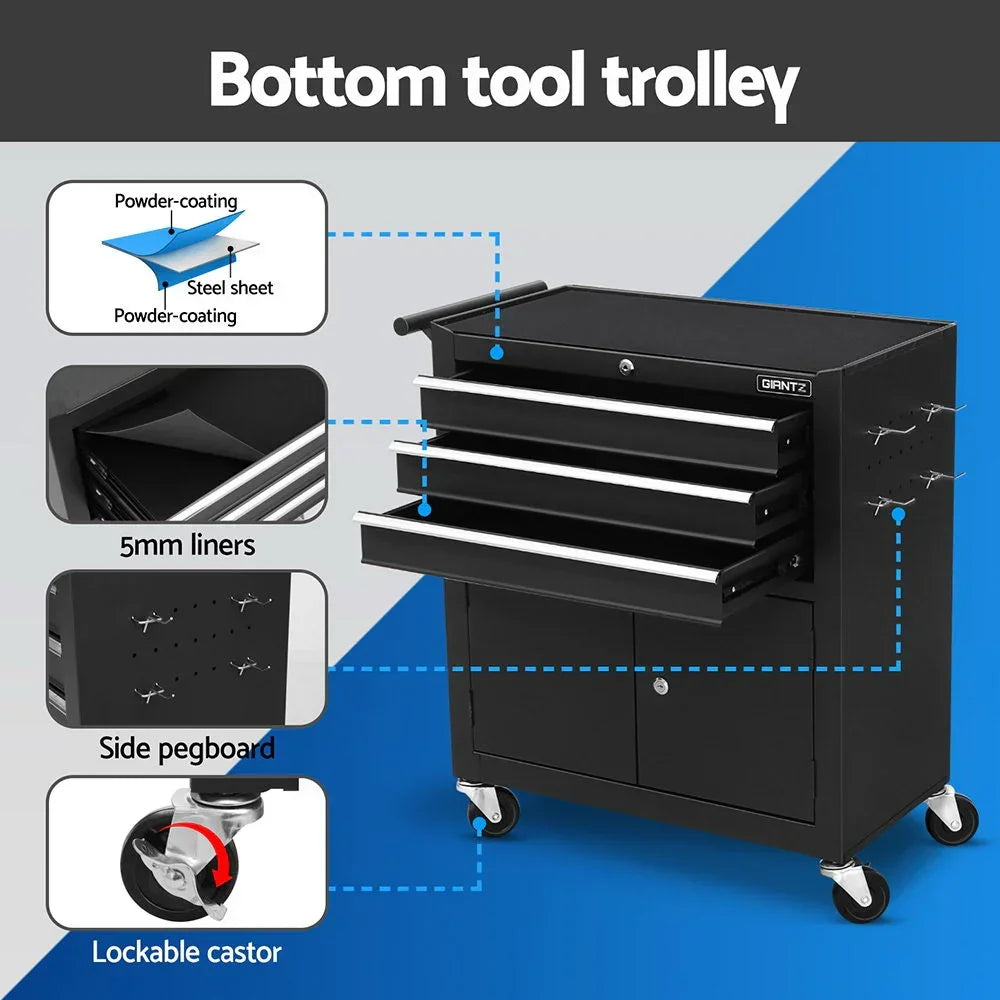 Black bottom tool trolley with three drawers, side pegboard, lockable castors, and powder-coated steel construction