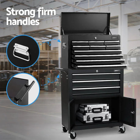 Black Giantz tool chest with multiple drawers and strong firm handles in a workshop setting