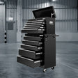 Black tool chest with multiple drawers in a warehouse setting