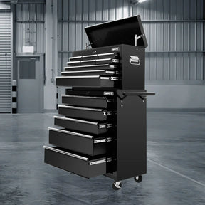 Black tool chest with multiple drawers in a warehouse setting