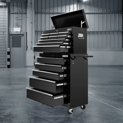 Black tool chest with multiple drawers in a warehouse setting