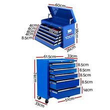 Blue metal tool chest and rolling tool cabinet with labeled drawer dimensions